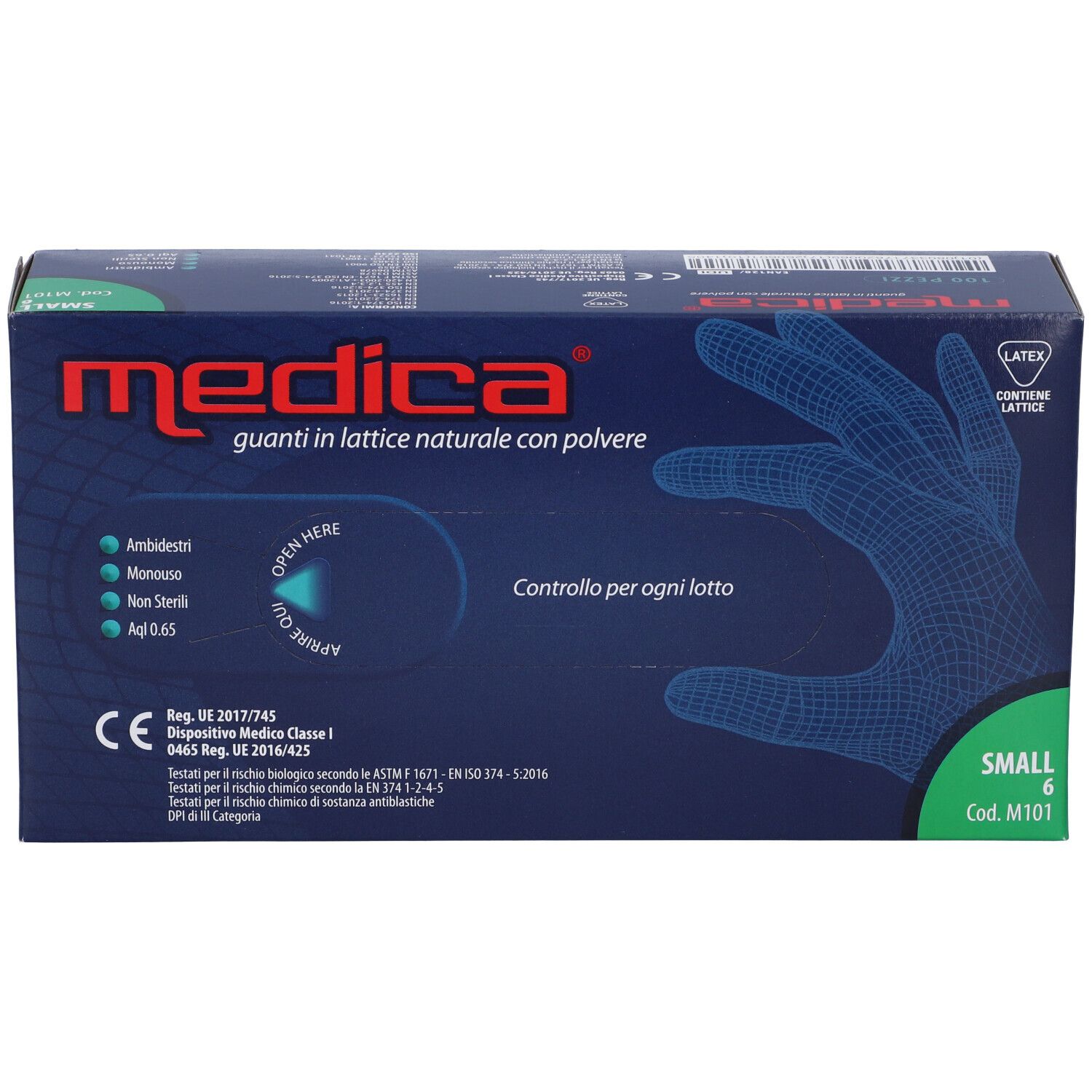 Scatola blu scuro con simbolo della mano. Testo: Medica, Guanti in lattice naturale con polvere, taglia S, 6 pezzi. Marchio CE.
