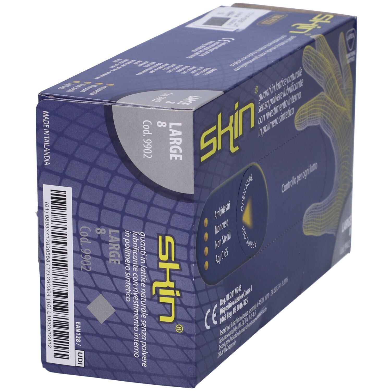 Scatola di guanti, vista laterale. Scritto: Skin, Large, 8. Dispositivo medico. Contiene lattice. Codice a barre e marchio CE.