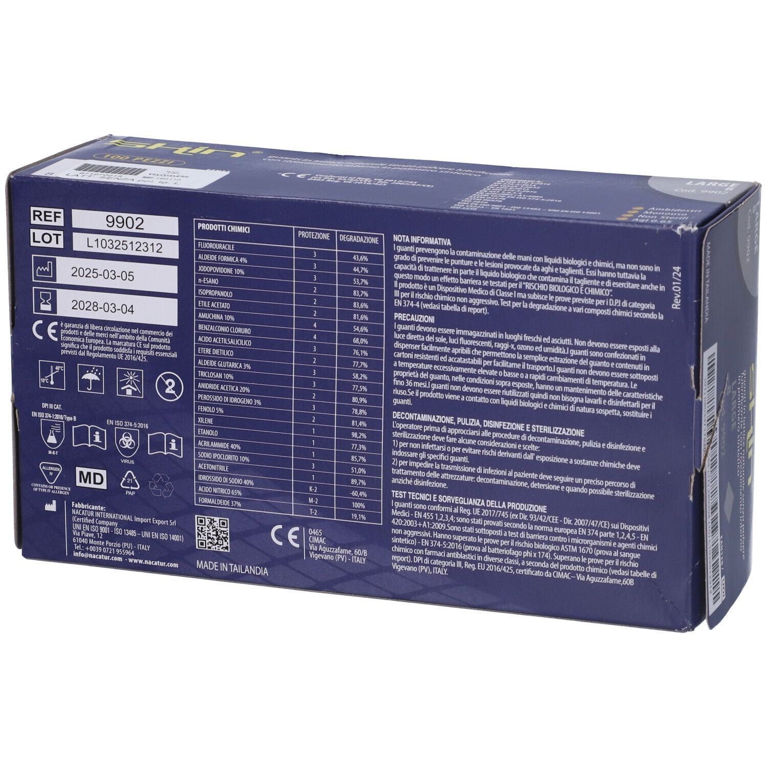 Retro della scatola di guanti. Testo in italiano. Dispositivo medico. Marchio CE. Numeri di lotto e date di scadenza.
