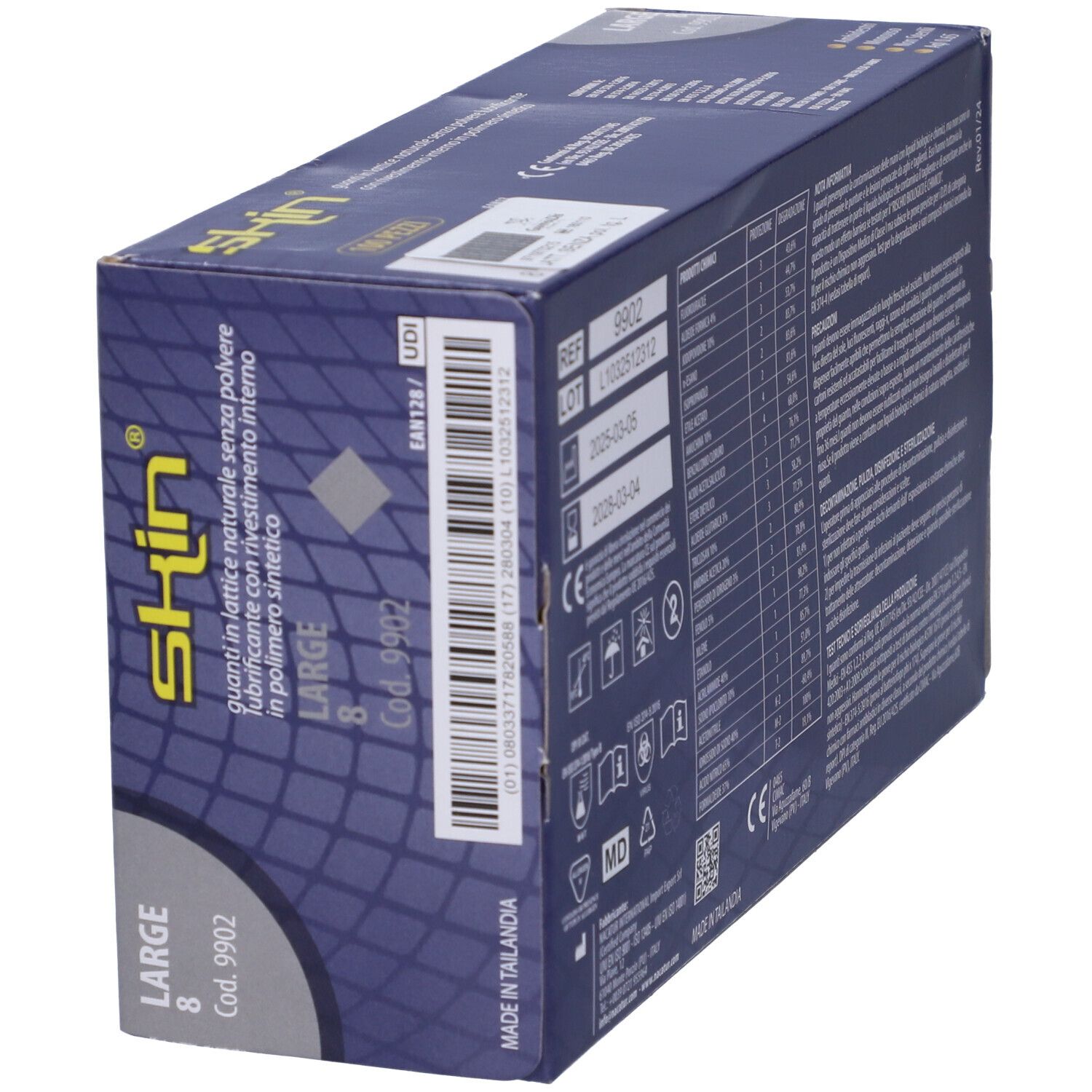 Scatola di guanti, vista laterale. Scritto: Skin, Large, 8. Dispositivo medico. Contiene lattice. Codice a barre e marchio CE.