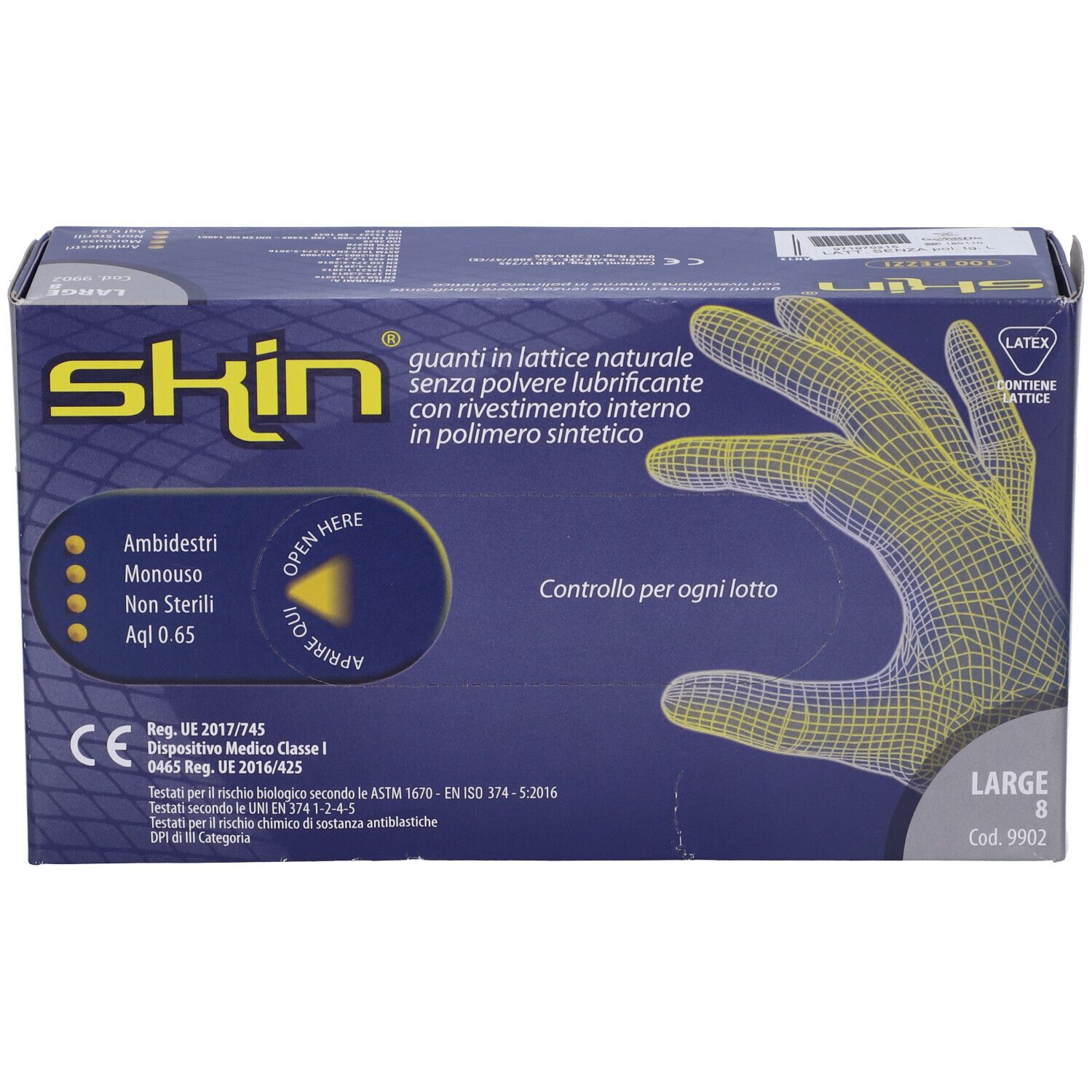 Scatola blu e bianca con grafica guanto. Scritto: Skin, Large, 8. Dispositivo medico. Contiene lattice. Monouso, non sterile.