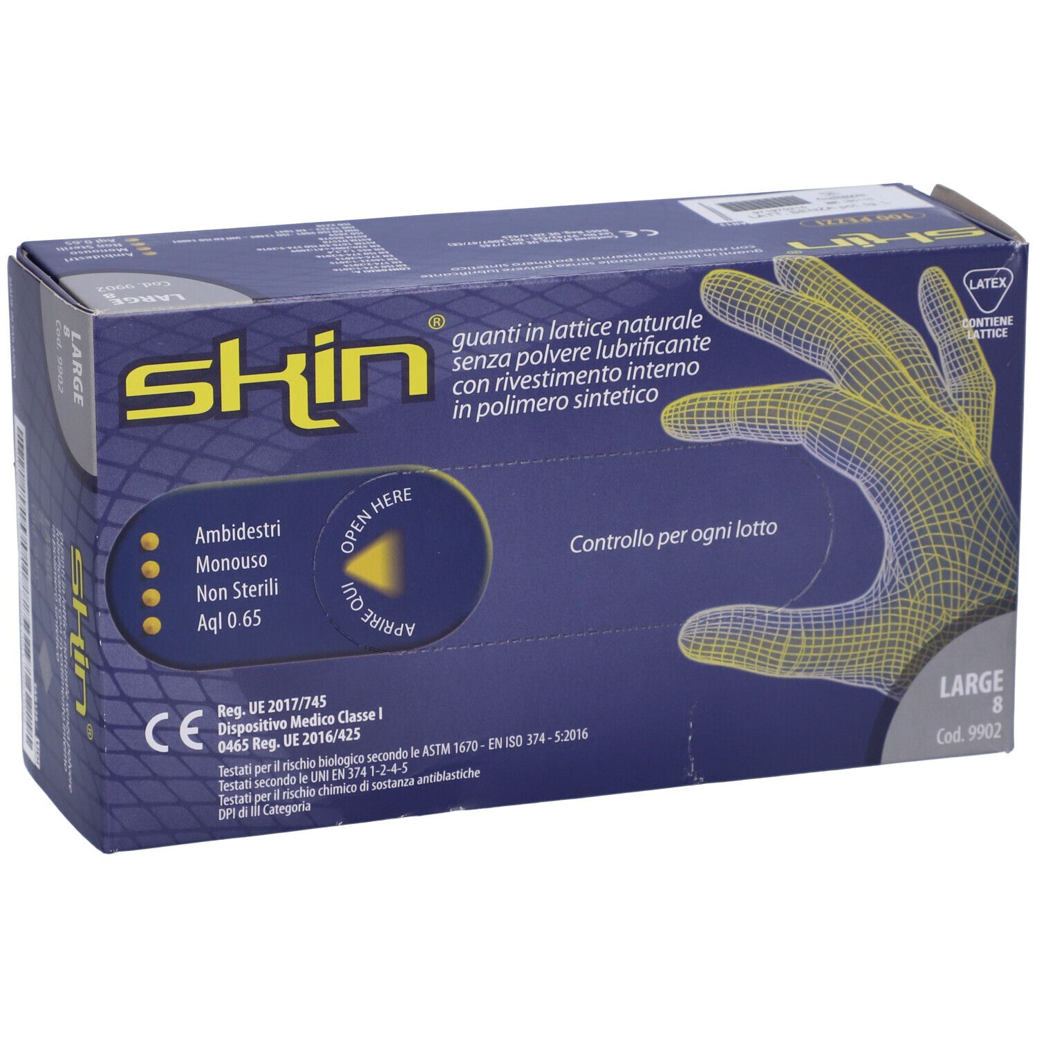 Scatola blu e bianca con grafica guanto. Scritto: Skin, Large, 8. Dispositivo medico. Contiene lattice. Monouso, non sterile.