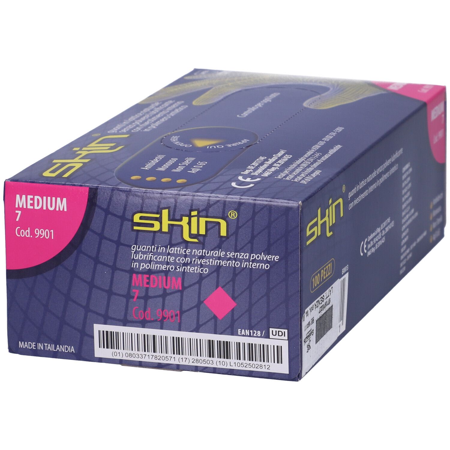 Scatola di guanti. Marchio skin, Medium 7. Guanti in lattice senza polvere, rivestimento interno sintetico. 100 pezzi.