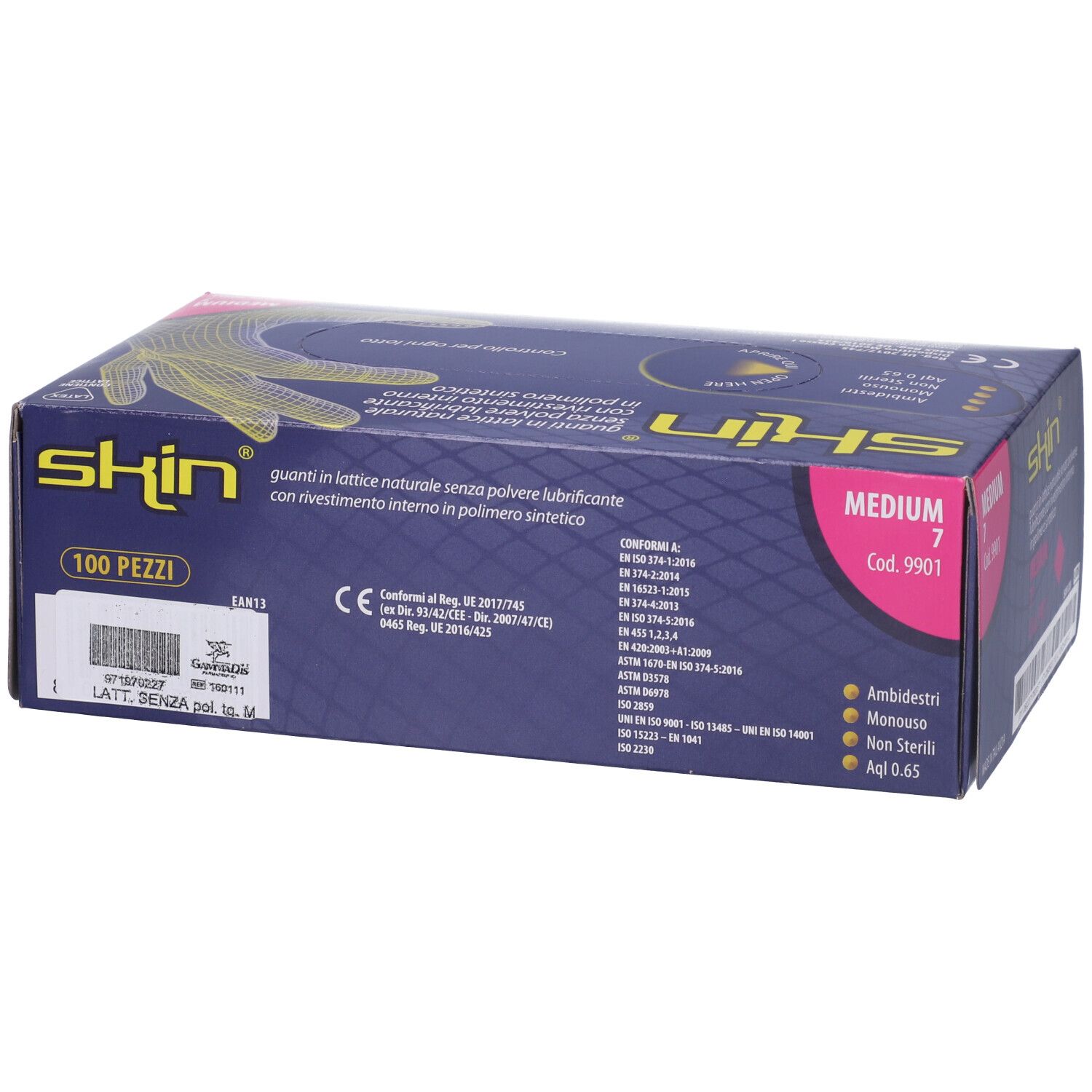 Scatola di guanti. Marchio skin, Medium 7. Guanti in lattice senza polvere, rivestimento interno sintetico. 100 pezzi.