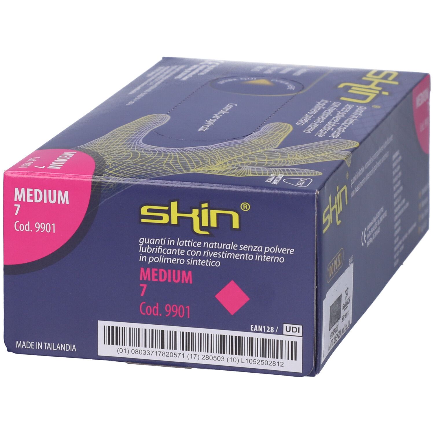 Scatola di guanti. Marchio skin, Medium 7. Guanti in lattice senza polvere, rivestimento interno sintetico.