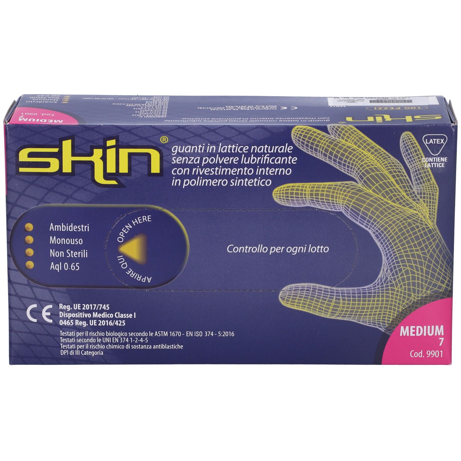 Scatola di guanti. Marchio skin, Medium 7. Guanti in lattice senza polvere, rivestimento interno sintetico. Ambidestri.