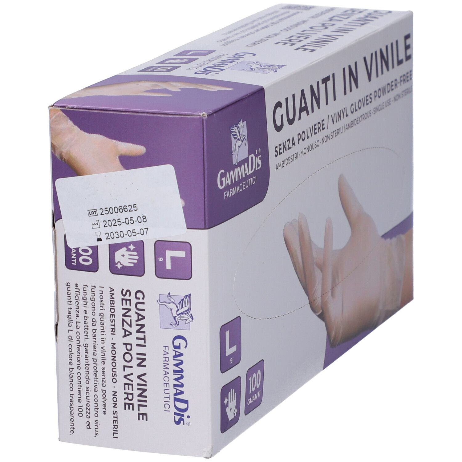 Scatola di guanti in vinile senza polvere, taglia L. Scritta: Guanti in Vinile, 100 pezzi. Marchio Gammadis Farmaceutici. Vista laterale.