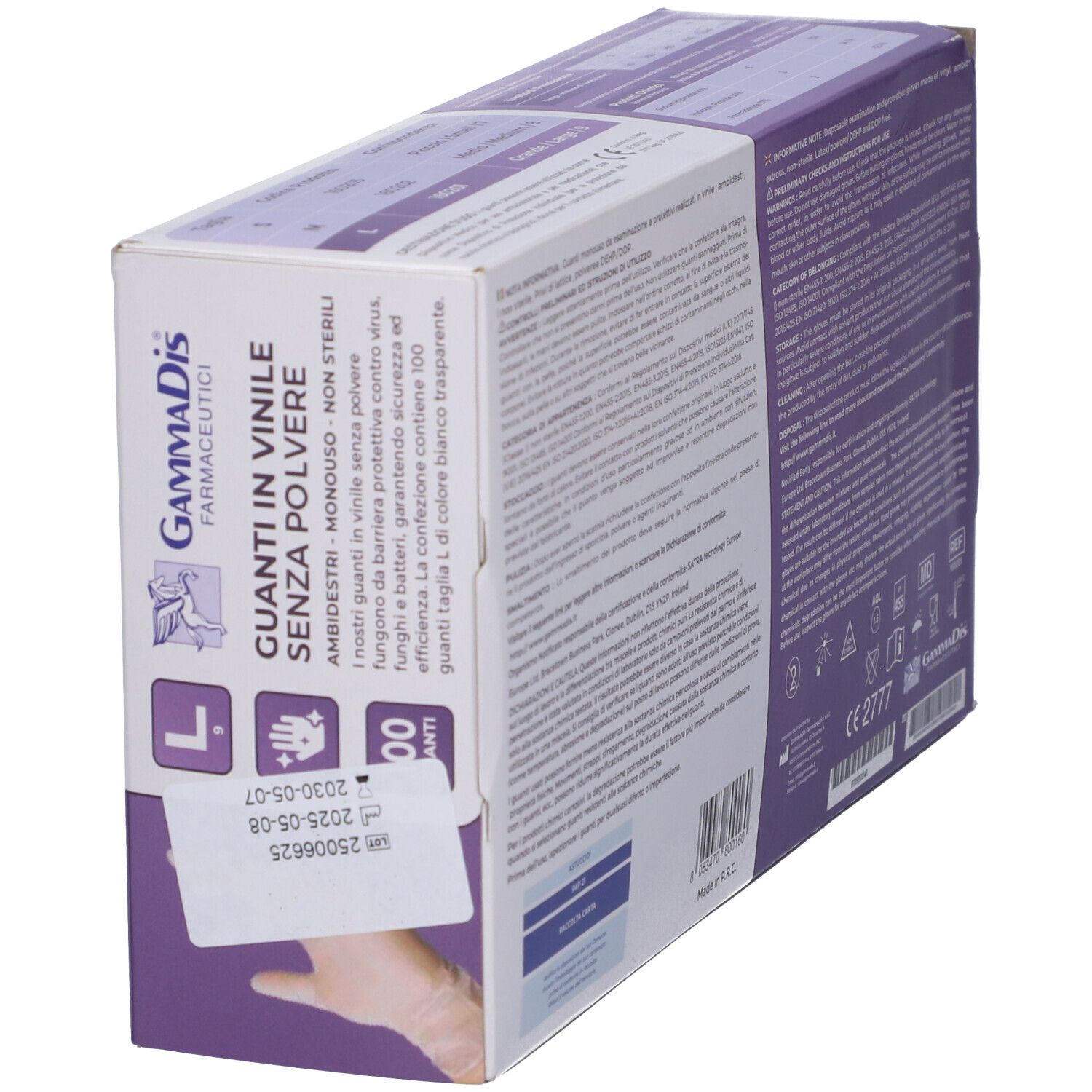Scatola di guanti in vinile senza polvere, taglia L. Scritta: Guanti in Vinile, 100 pezzi. Marchio Gammadis Farmaceutici. Vista laterale.