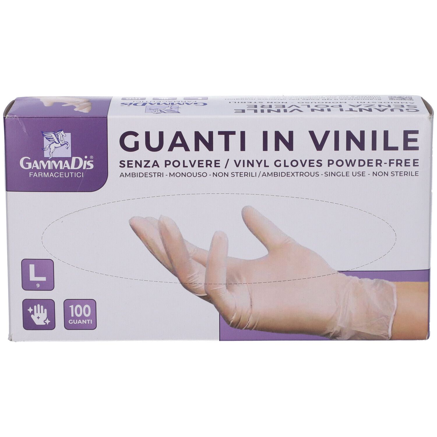 Scatola di guanti in vinile senza polvere, taglia L. Scritta: Guanti in Vinile, 100 pezzi. Marchio Gammadis Farmaceutici.