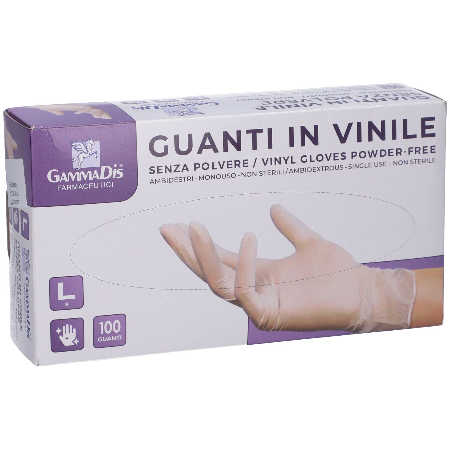 Scatola di guanti in vinile senza polvere, taglia L. Scritta: Guanti in Vinile, 100 pezzi. Marchio Gammadis Farmaceutici.