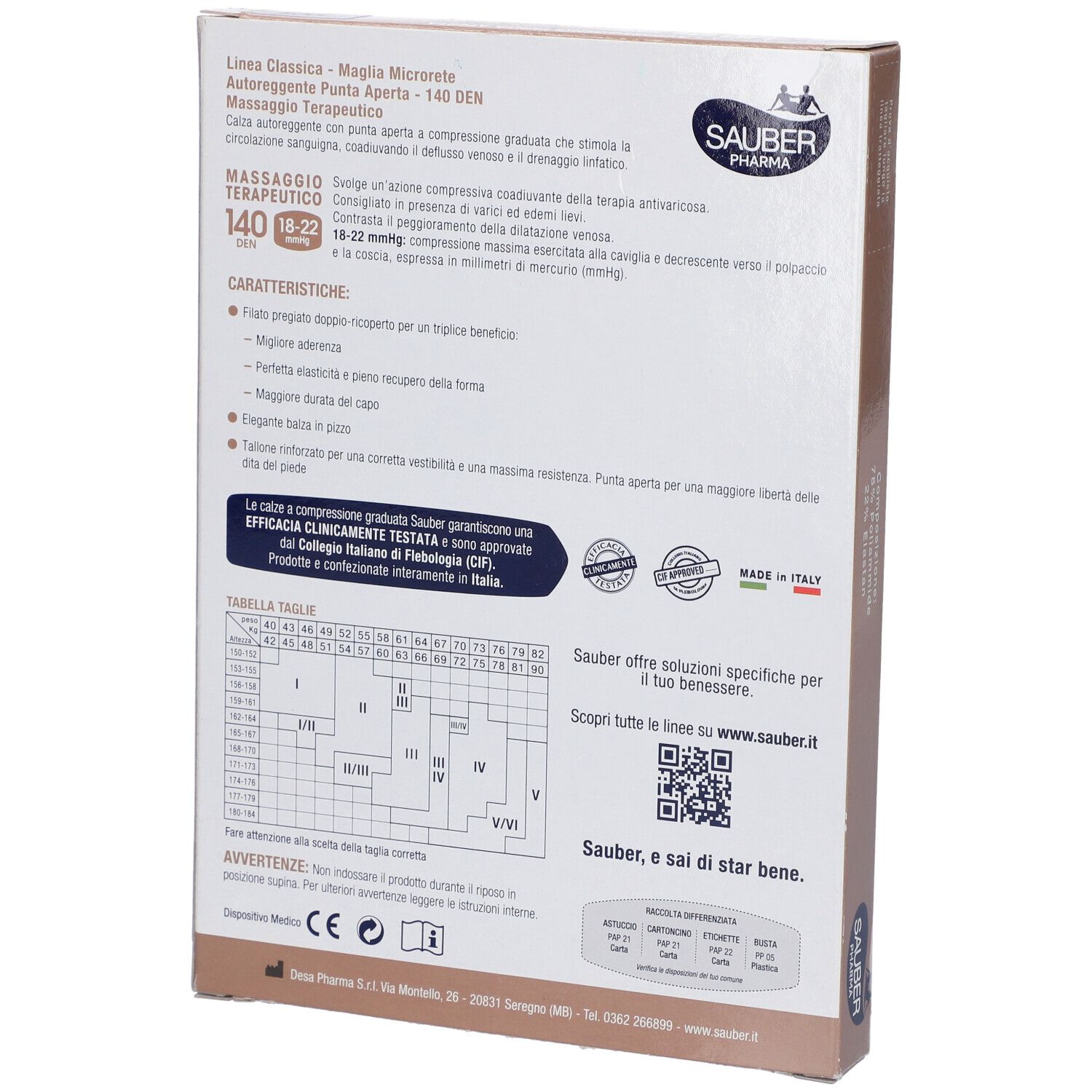 Retro della confezione calze Sauber Classica. Informazioni prodotto, marchio e tabella taglie visibili.
