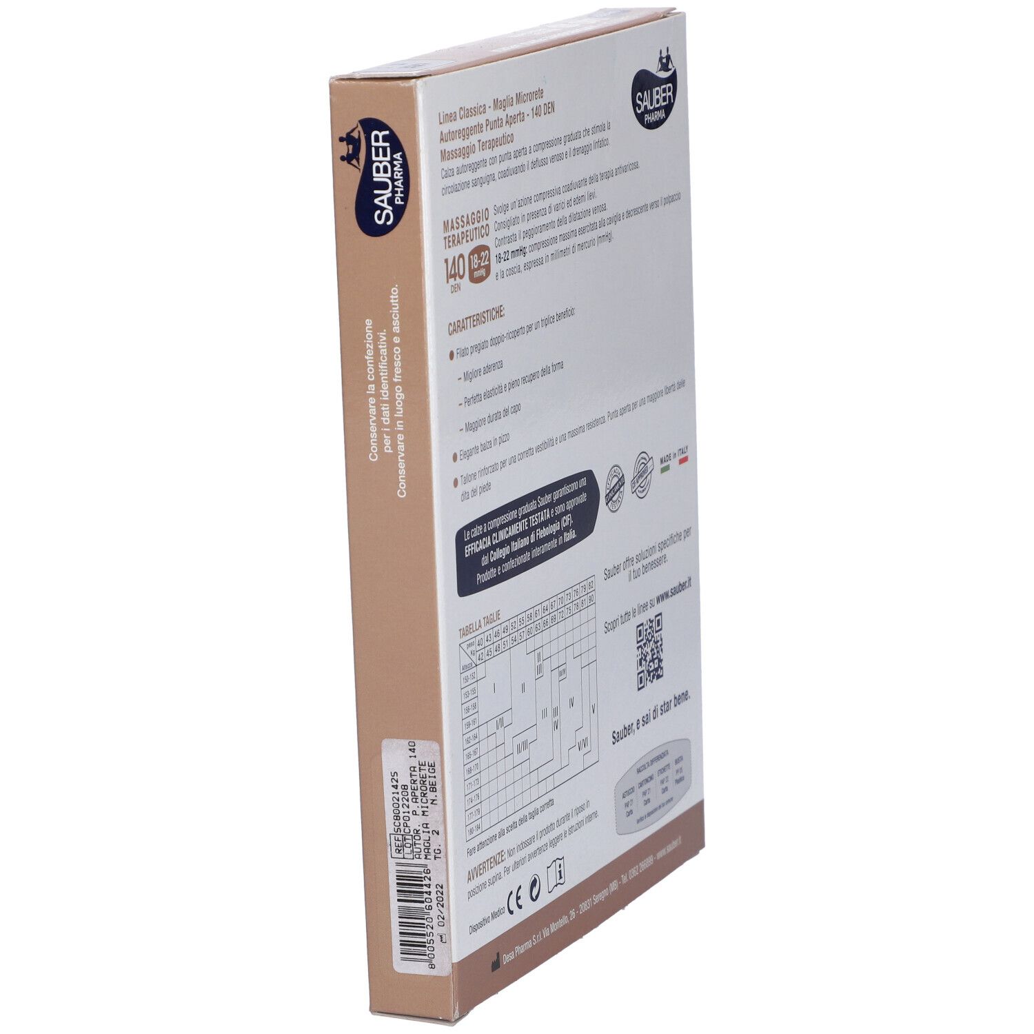 Vista laterale della confezione calze Sauber Classica. Informazioni prodotto, marchio e tabella taglie visibili.