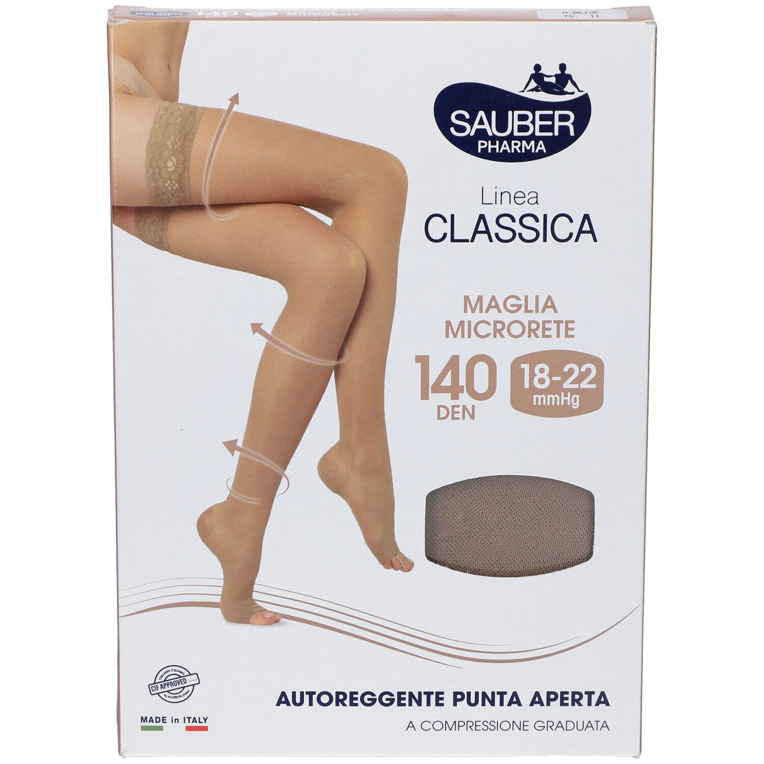 Confezione calze Sauber Classica. Beige, punta aperta, 140 den. Marchio e nome prodotto visibili.