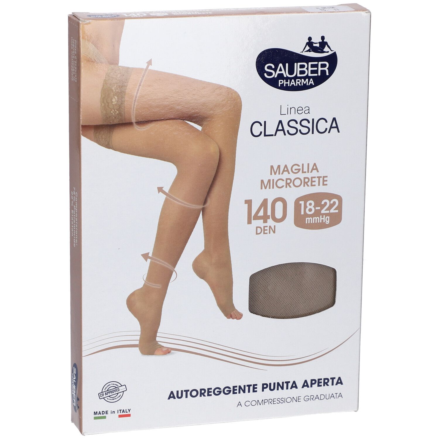 Confezione calze Sauber Classica. Beige, punta aperta, 140 den. Marchio e nome prodotto visibili.