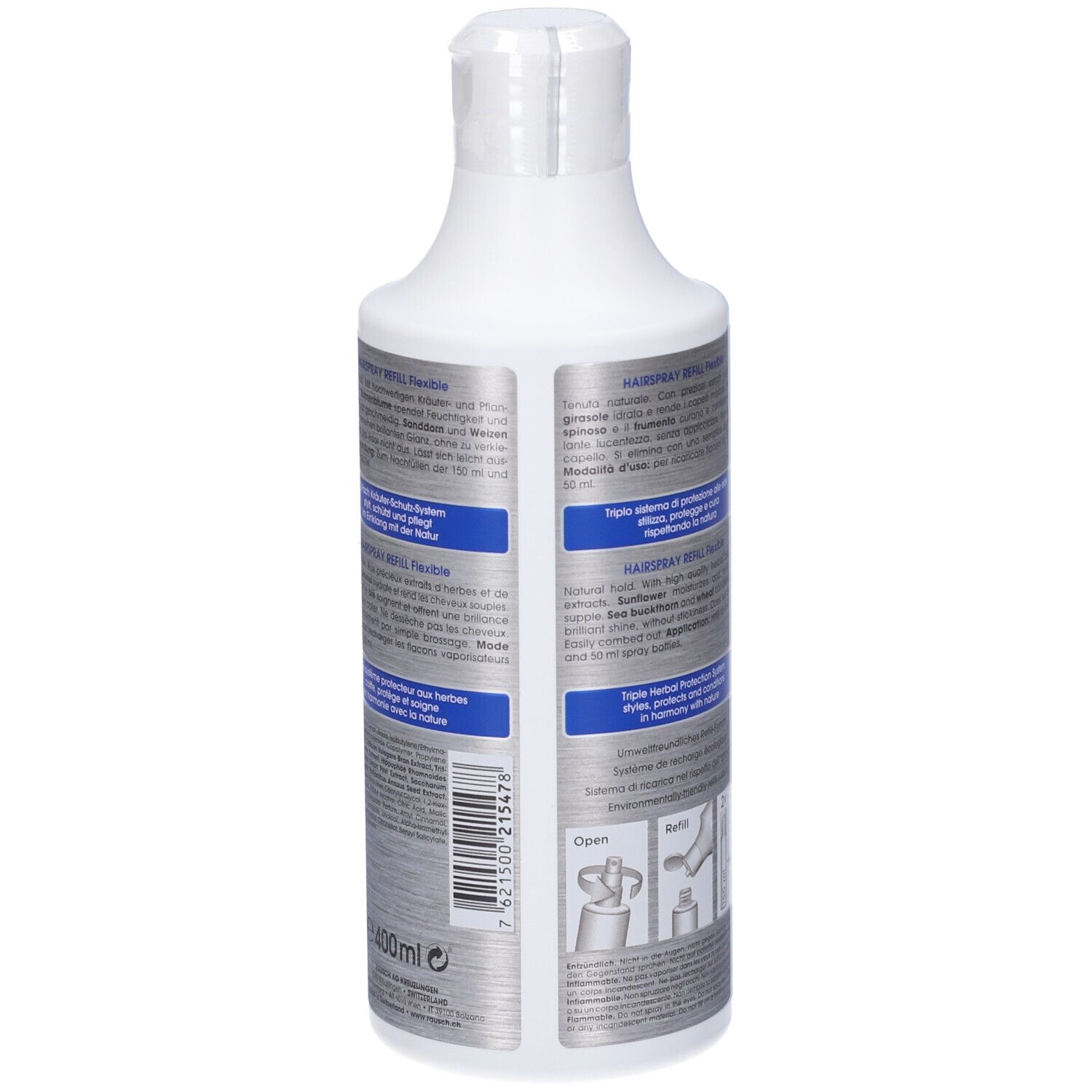 Flacone di ricarica RAUSCH Hairspray. Retro con testo multilingue. Volume: 400ml.