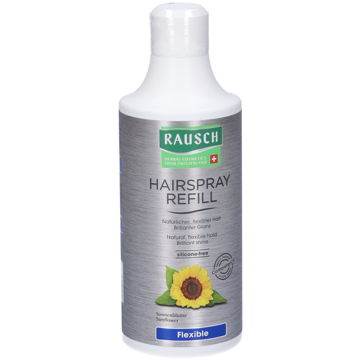 Flacone di ricarica RAUSCH Hairspray. Fronte con testo e girasole. Flexible, senza silicone.
