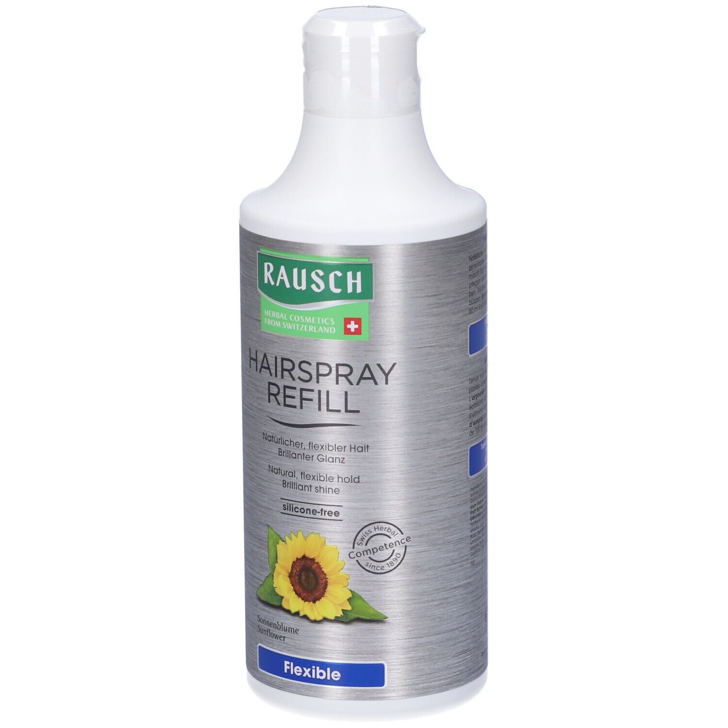 Flacone di ricarica RAUSCH Hairspray. Fronte con testo e girasole. Flexible, senza silicone.