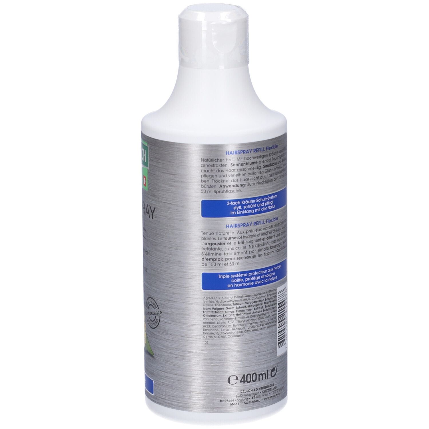 Flacone di ricarica RAUSCH Hairspray. Retro con testo multilingue. Volume: 400ml.