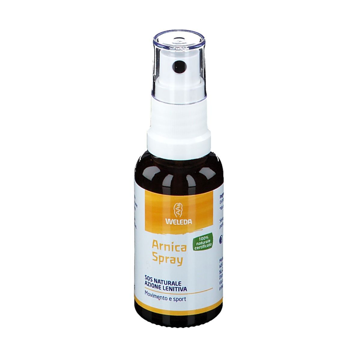 Flacone di vetro marrone con vaporizzatore bianco. Scritta: Arnica Spray, 100% naturale certificato.