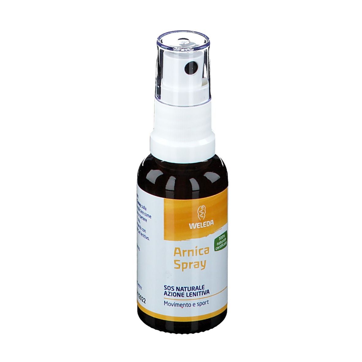 Flacone di vetro marrone con vaporizzatore bianco. Scritta: WELEDA, Arnica Spray, 100% naturale certificato.