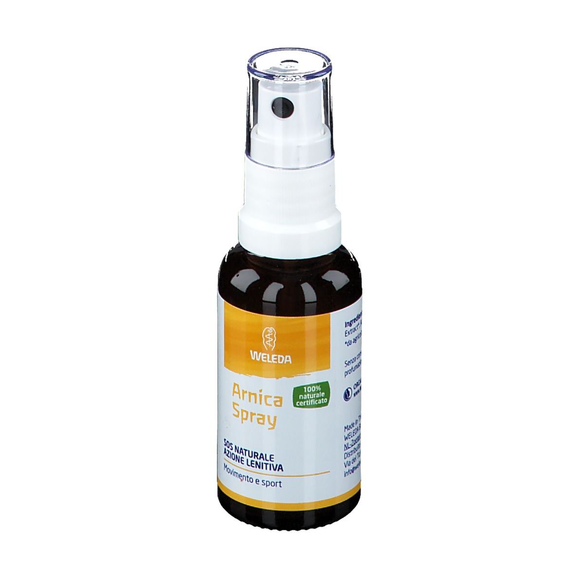 Flacone di vetro marrone con vaporizzatore bianco. Scritta: WELEDA, Arnica Spray, 100% naturale certificato.