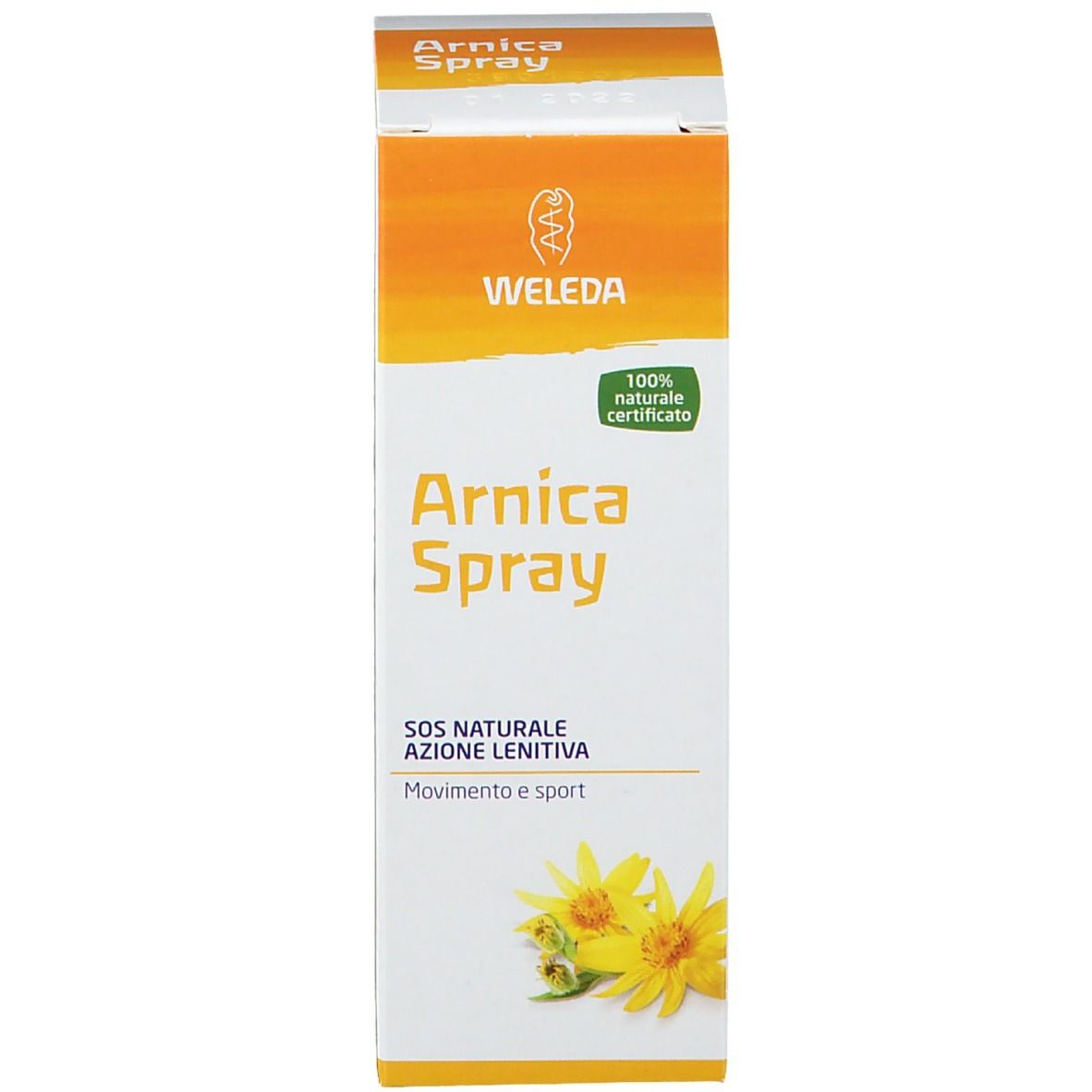 Confezione di Arnica Spray. Scritta: WELEDA, Arnica Spray, 100% naturale certificato.