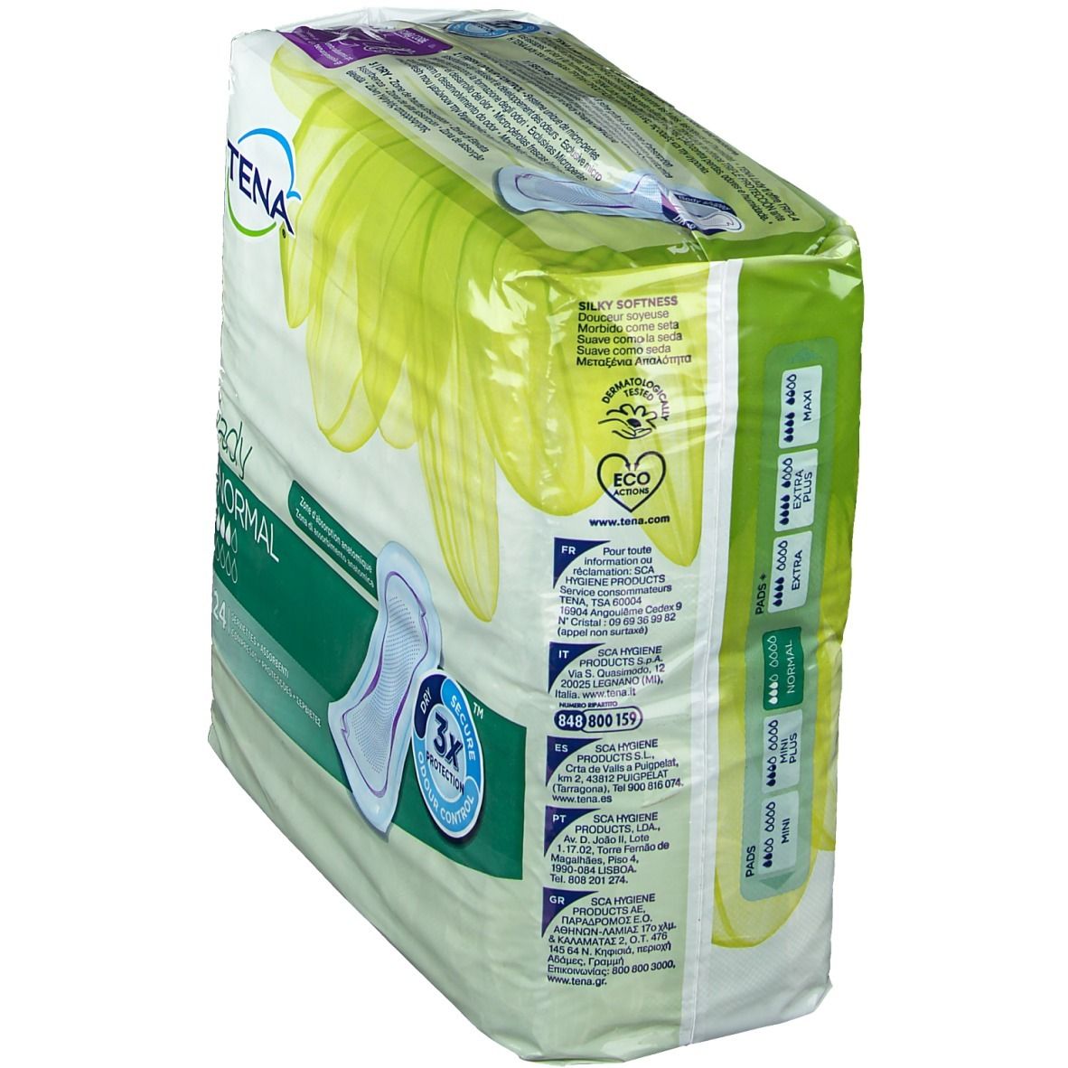 Confezione Tena Lady Normal. Zona di assorbimento anatomica. Protezione 3x. Asciutto, sicuro, controllo odori. Eco-label.