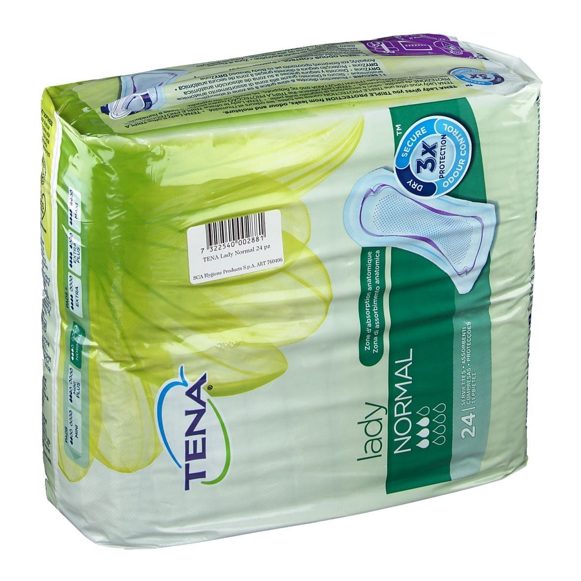 Confezione Tena Lady Normal. 24 pezzi. Zona di assorbimento anatomica. Protezione 3x. Asciutto, sicuro, controllo odori.