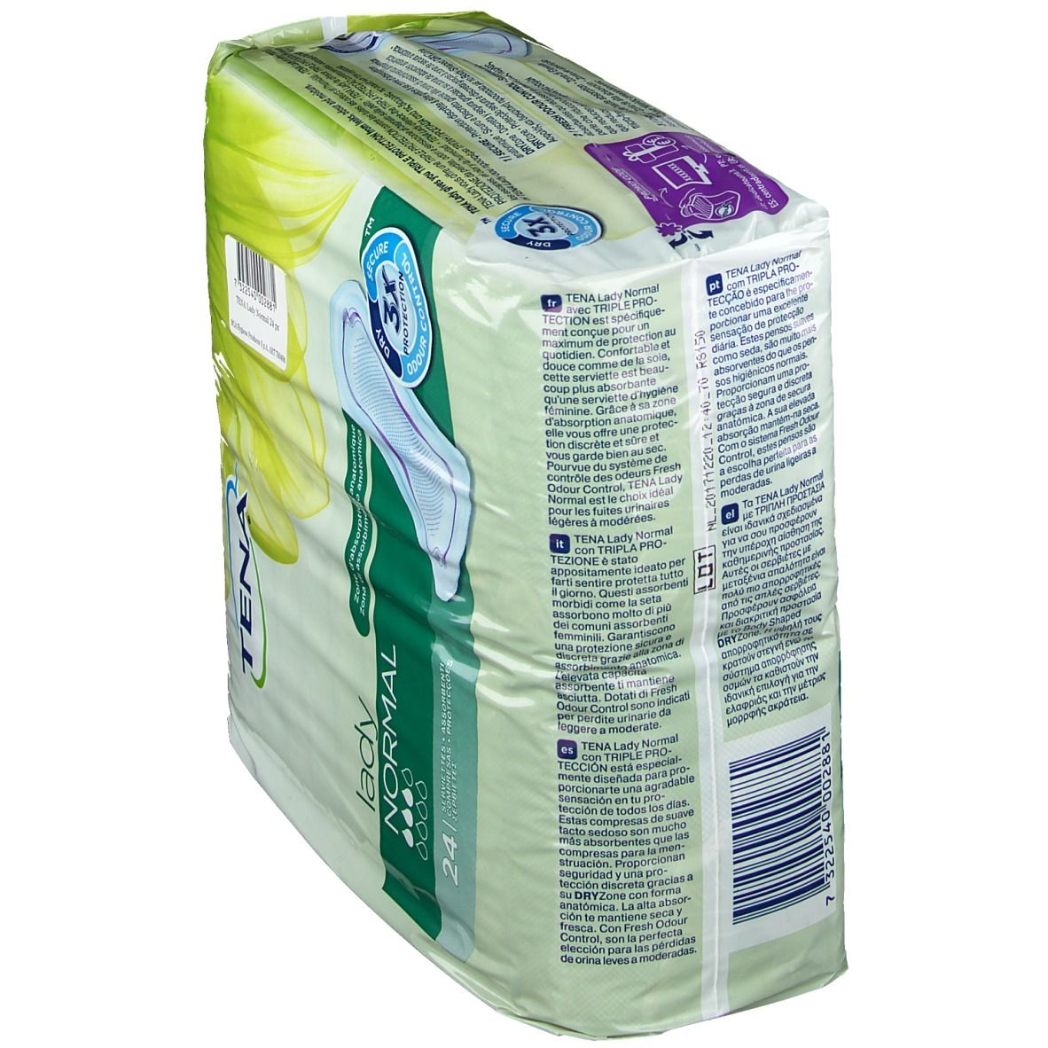 Confezione Tena Lady Normal. Zona di assorbimento anatomica. Protezione 3x. Asciutto, sicuro, controllo odori. Testo multilingue.