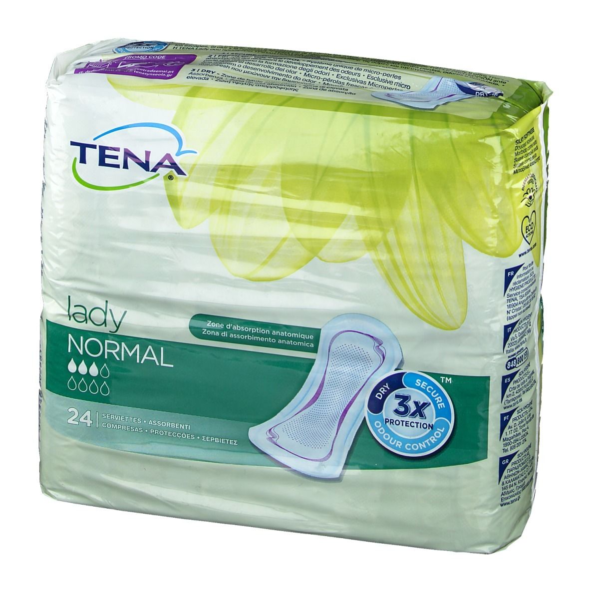 Confezione Tena Lady Normal. 24 pezzi. Zona di assorbimento anatomica. Protezione 3x. Asciutto, sicuro, controllo odori.