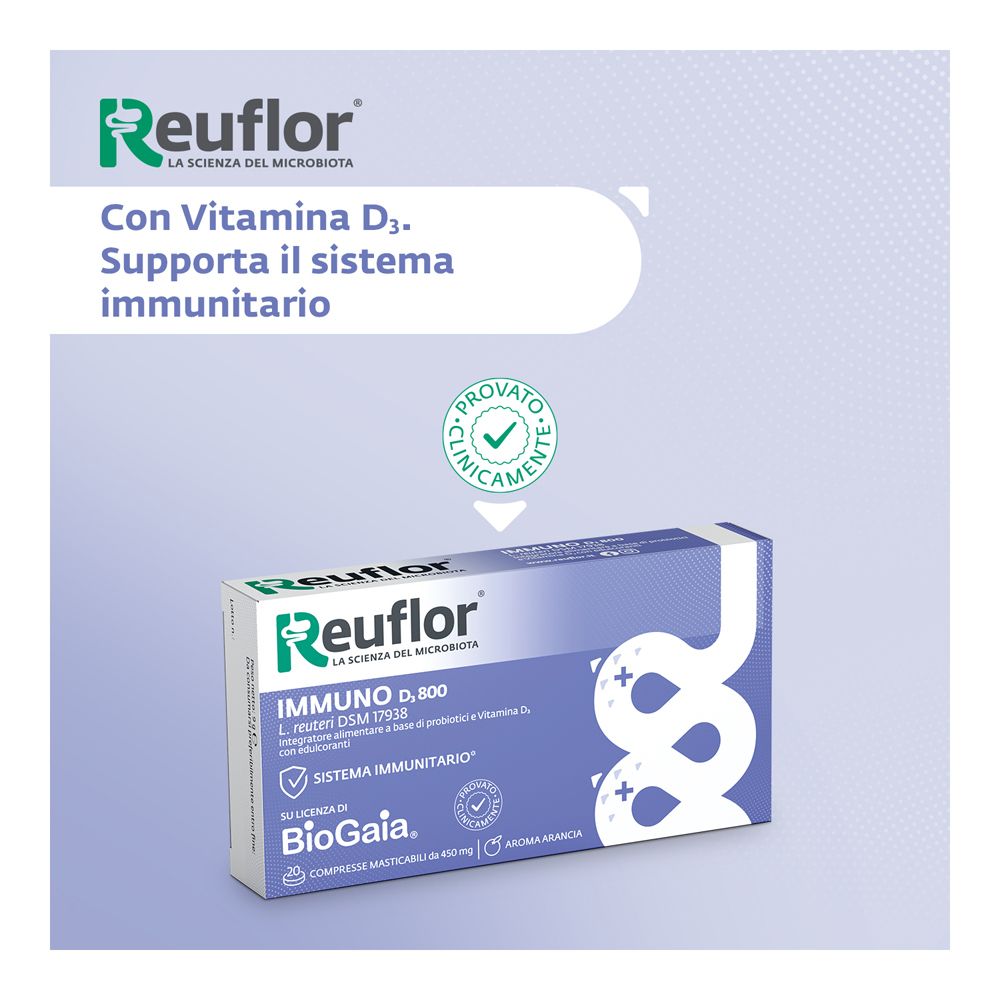Confezione Reuflor D3 800 con Vitamina D3 per supportare il sistema immunitario.