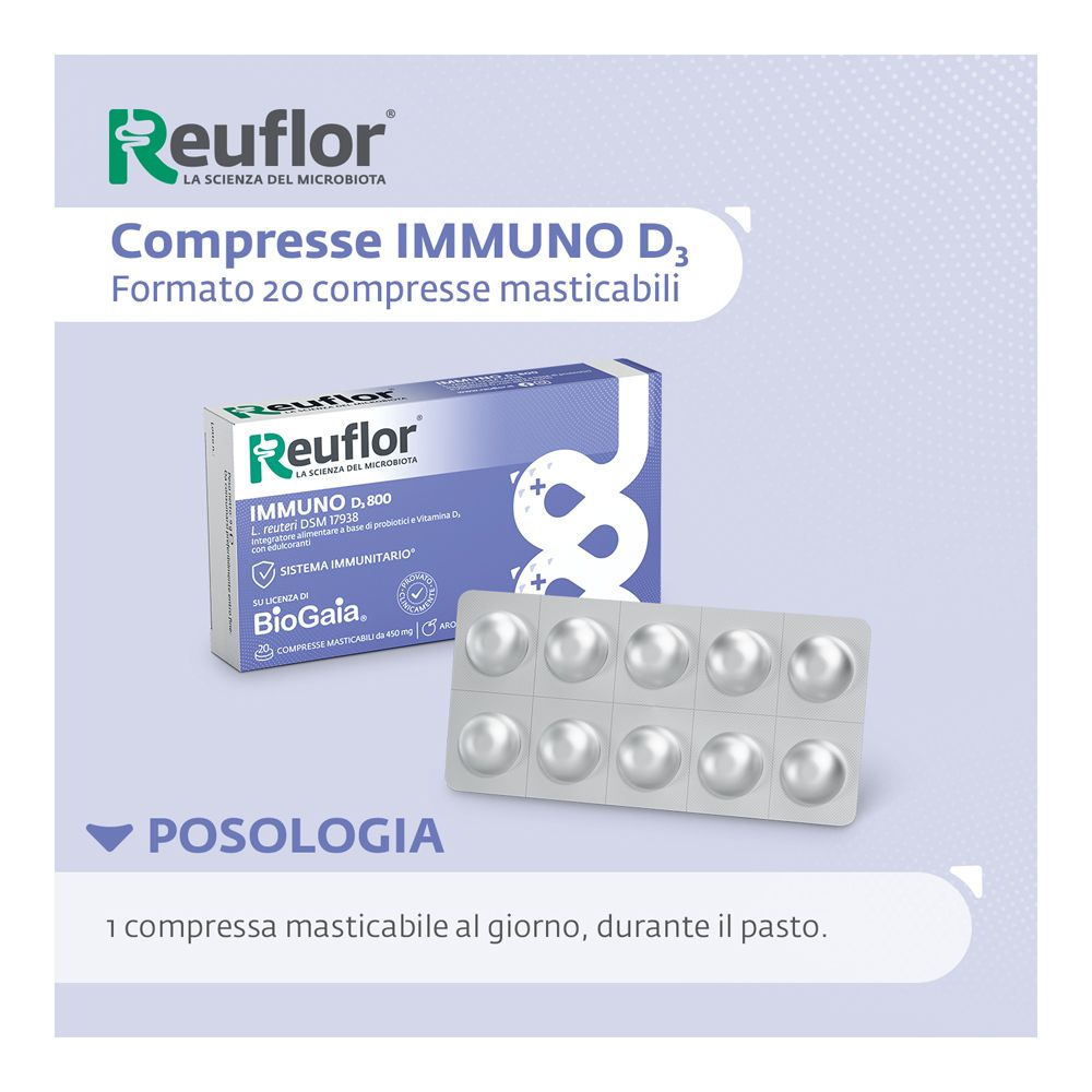 Compresse masticabili Reuflor D3 800, 20 pezzi e blister.