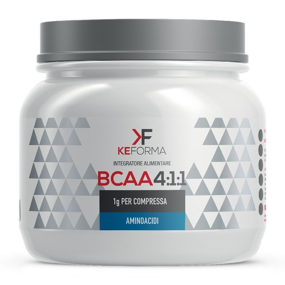 Barattolo bianco di integratore con coperchio grigio. Scritta: KEFORMA, BCAA 4:1:1, 1g per Compressa, Aminoacidi.