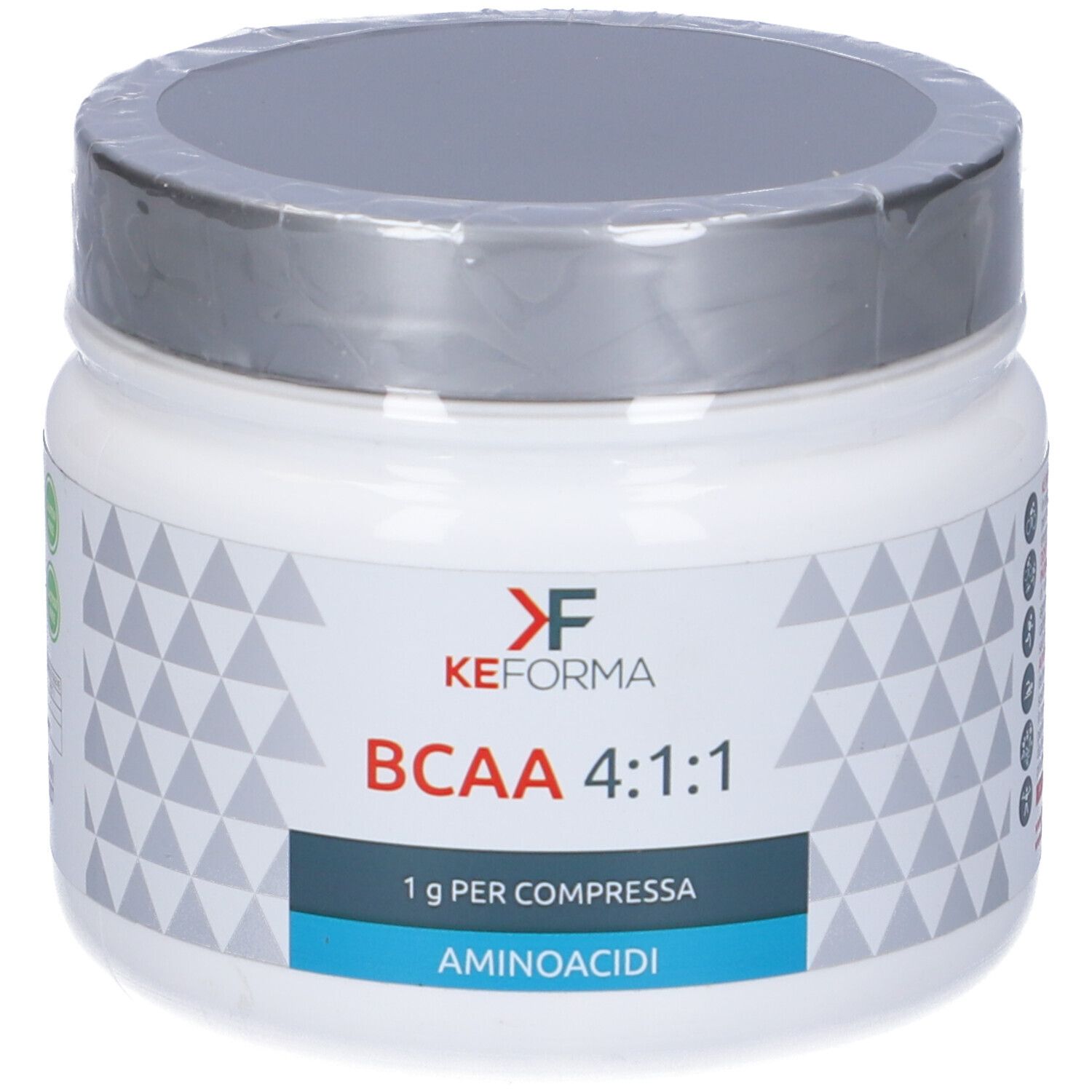 Barattolo bianco di integratore con coperchio grigio. Scritta: KEFORMA, BCAA 4:1:1, 1g per Compressa, Aminoacidi.