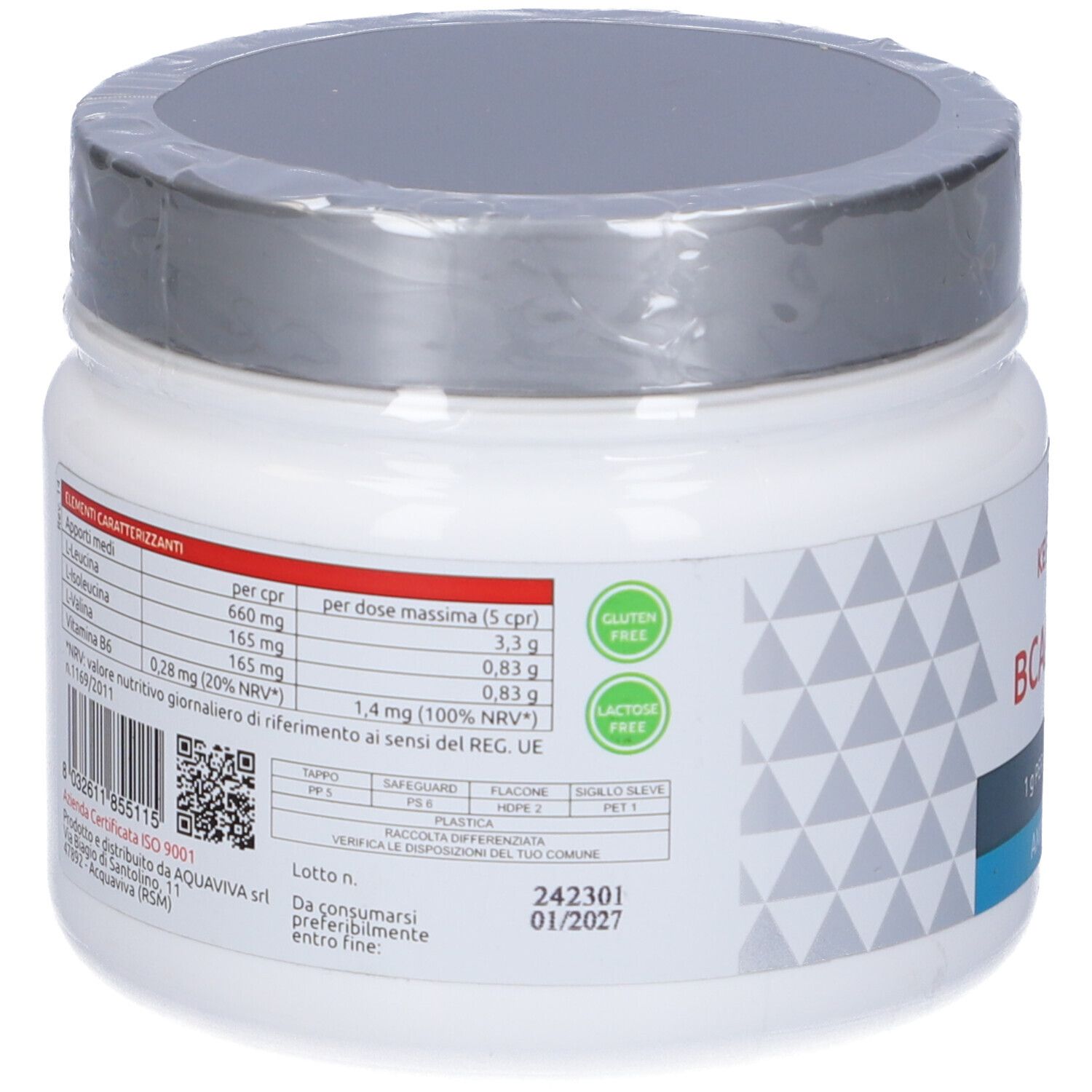 Retro di un barattolo bianco di integratore con coperchio grigio. Contiene informazioni nutrizionali, sigilli senza glutine e lattosio.