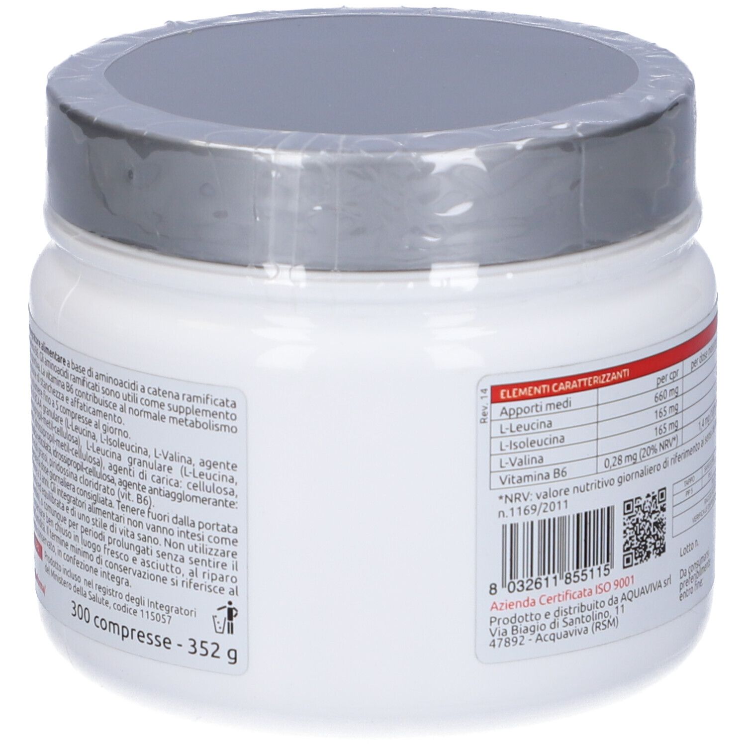 Retro di un barattolo bianco di integratore con coperchio grigio. Contiene elenco ingredienti e informazioni nutrizionali.