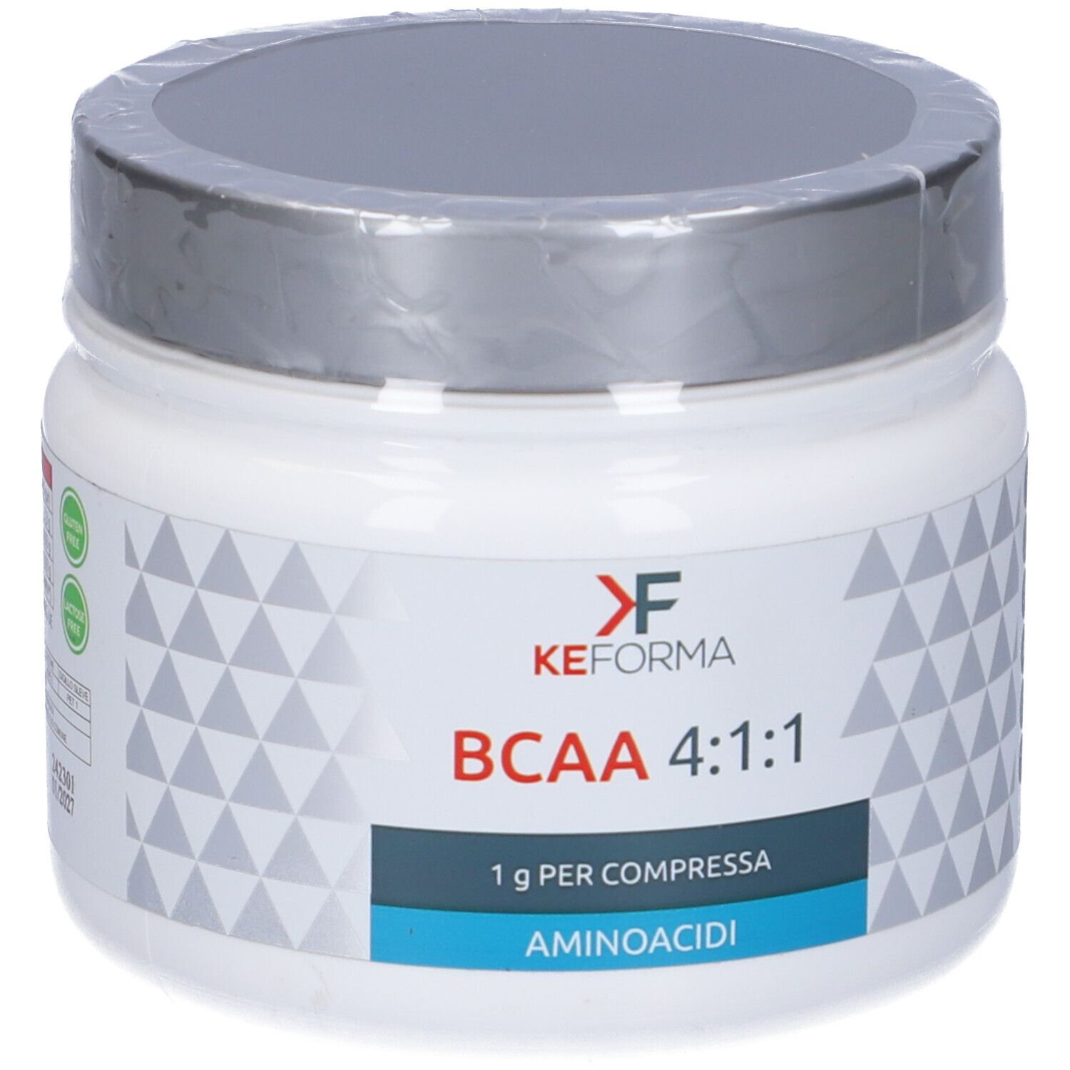 Barattolo bianco di integratore con coperchio grigio. Scritta: KEFORMA, BCAA 4:1:1, 1g per Compressa, Aminoacidi.