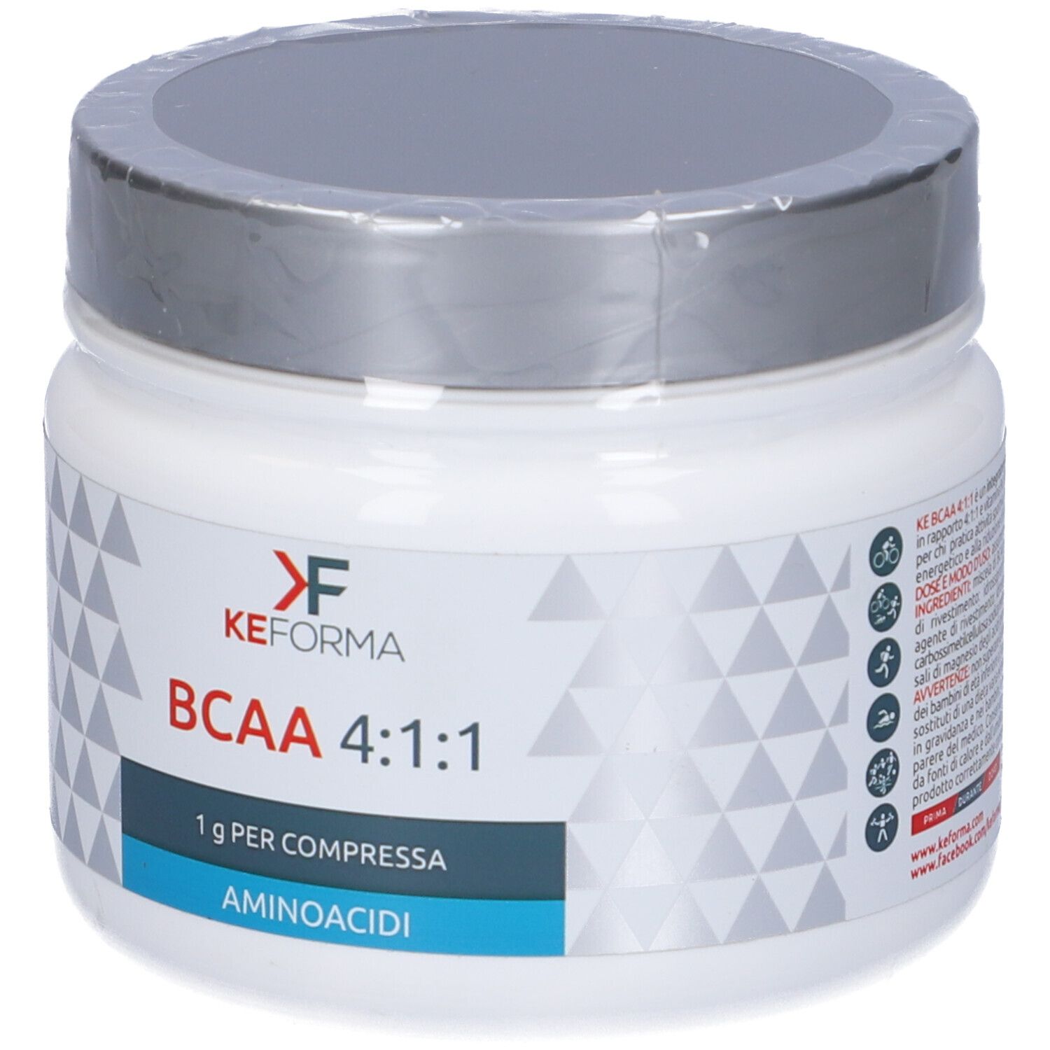 Barattolo bianco di integratore con coperchio grigio. Scritta: KEFORMA, BCAA 4:1:1, 1g per Compressa, Aminoacidi.