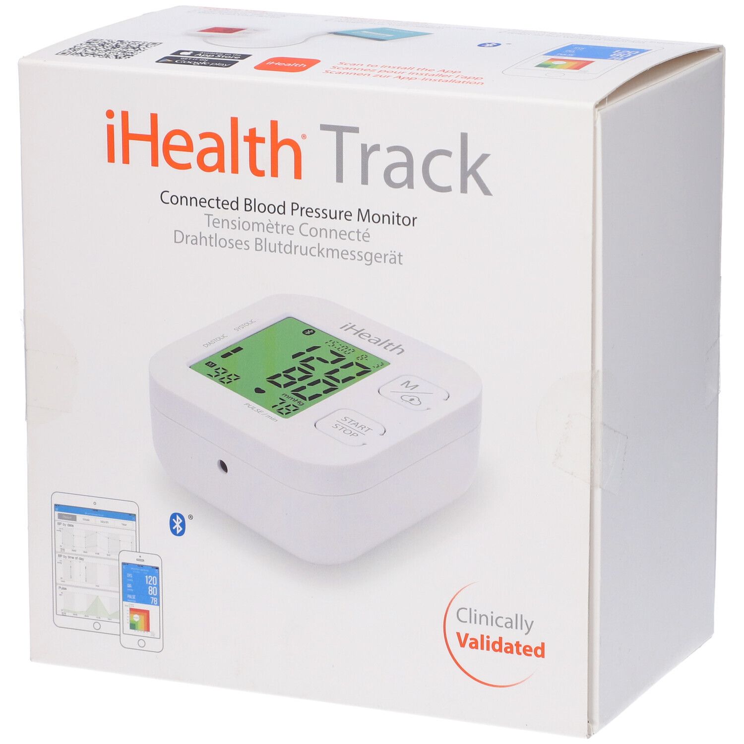 Confezione del misuratore di pressione. Scatola bianca con immagine e testo del prodotto. iHealth Track.