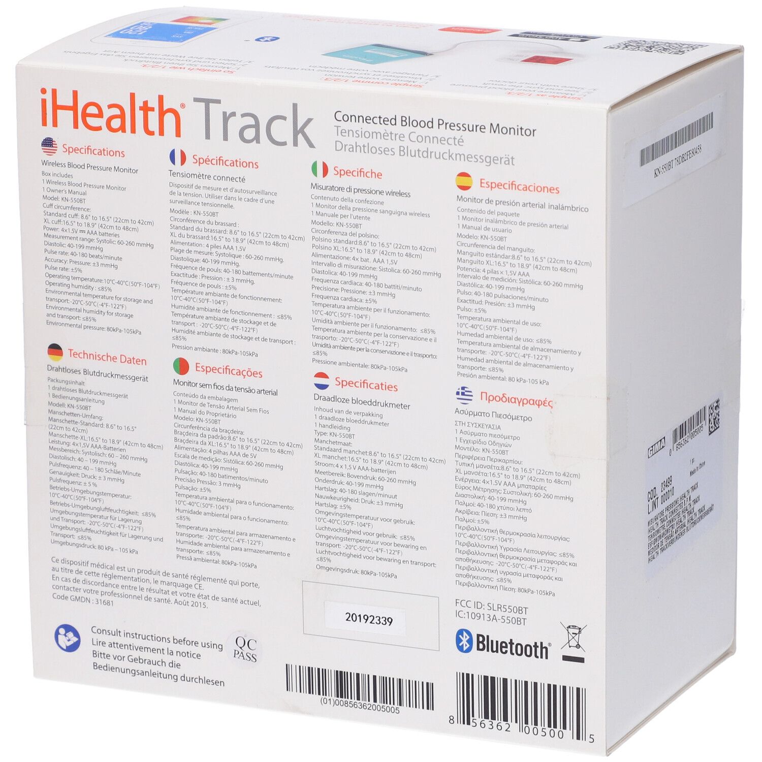 Confezione del misuratore di pressione. Testo in più lingue. iHealth Track.