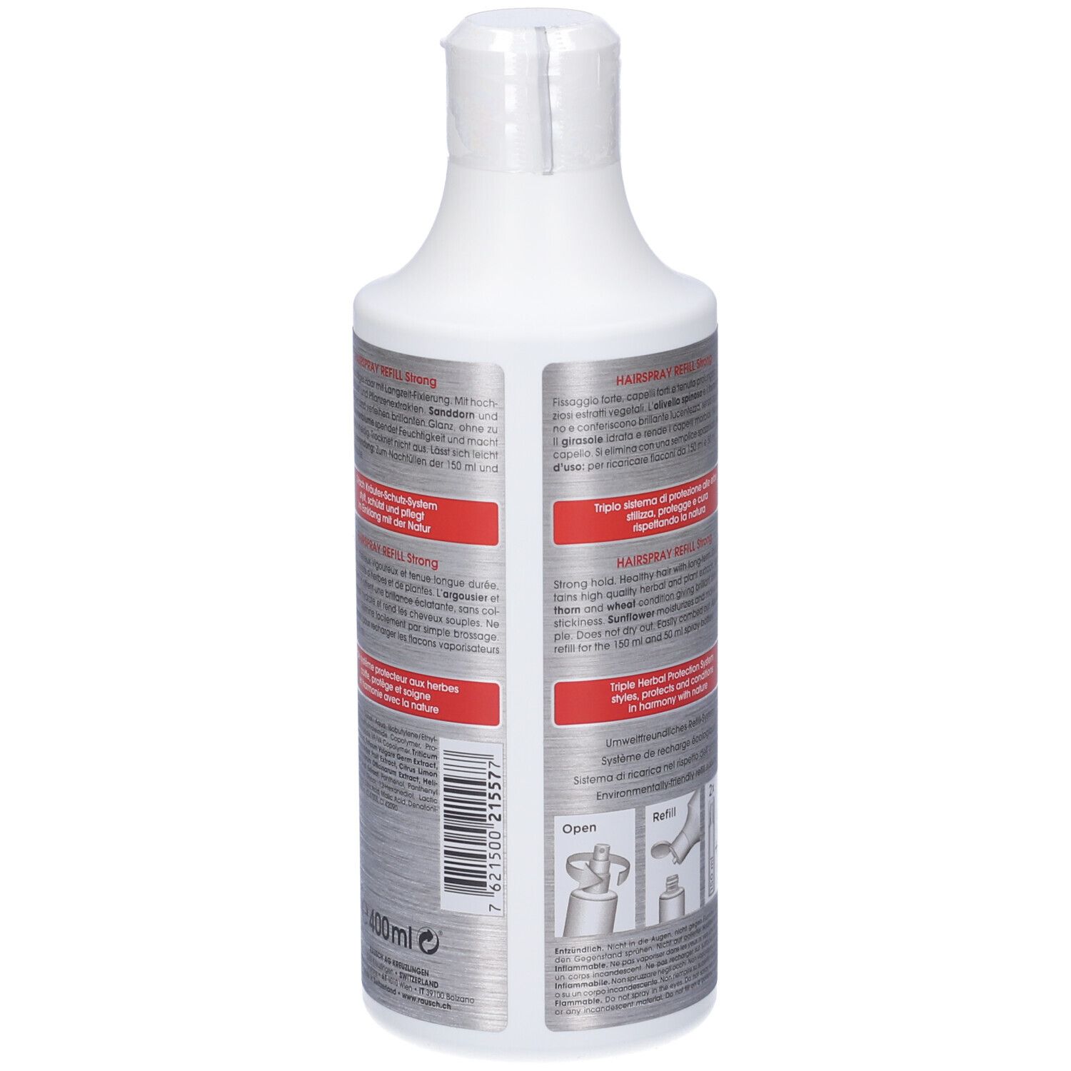 Retro del flacone. Testo multilingue. Codice a barre e indicazione del volume. Striscia rossa con testo. Volume '400ml'.