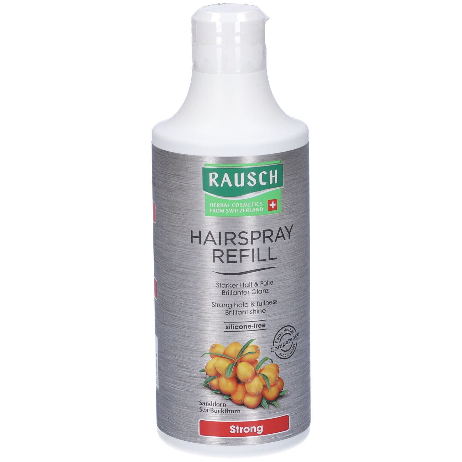 Flacone bianco-argento con logo RAUSCH e scritta 'HAIRSPRAY REFILL'. Illustrazione di olivello spinoso. 'Strong' su sfondo rosso.