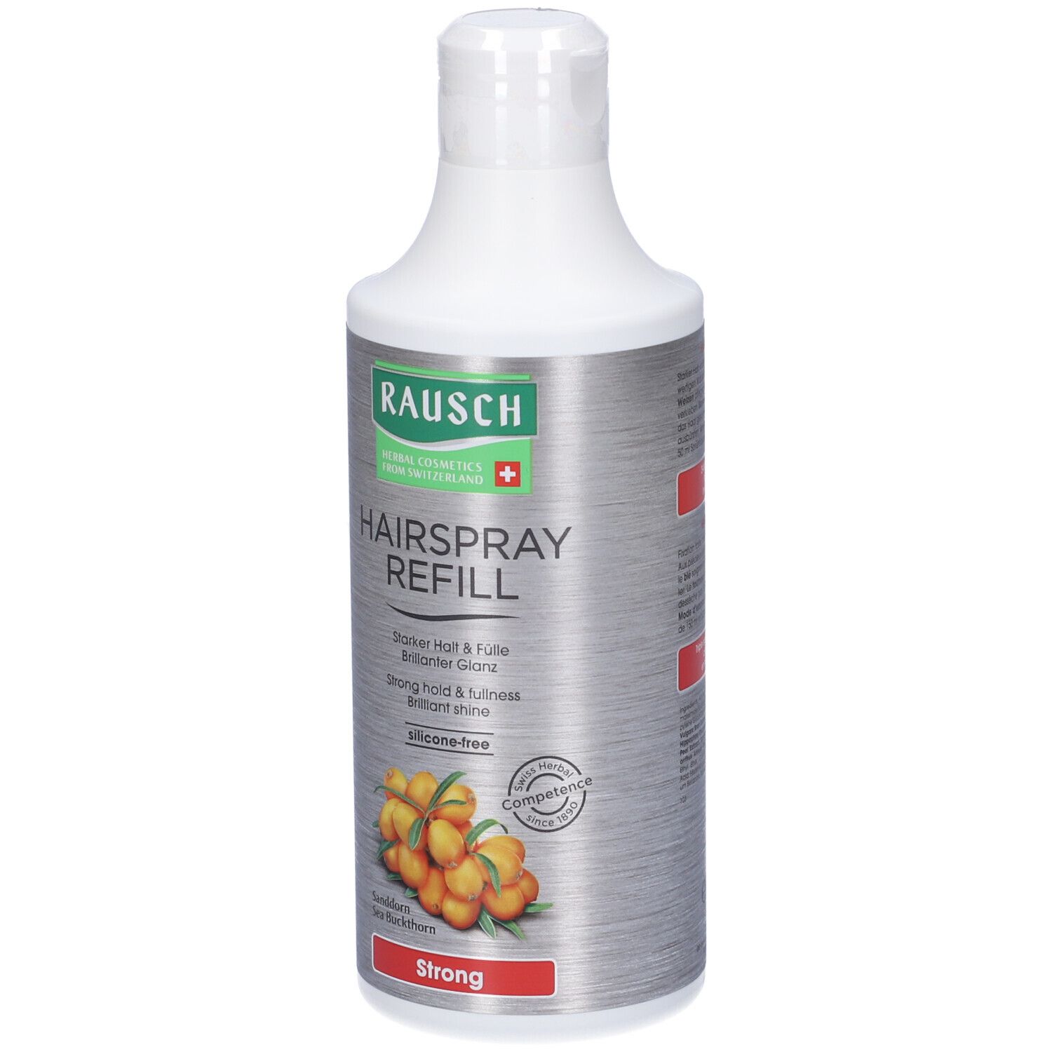 Flacone bianco-argento con logo RAUSCH e scritta 'HAIRSPRAY REFILL'. Illustrazione di olivello spinoso. 'Strong' su sfondo rosso.