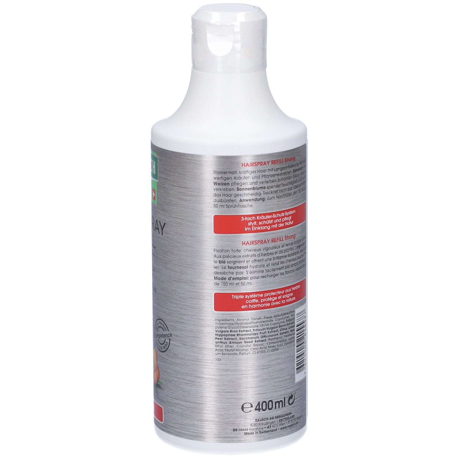 Retro del flacone. Testo multilingue. Indicazione del volume '400ml'. Striscia rossa con testo. Logo e certificazione.