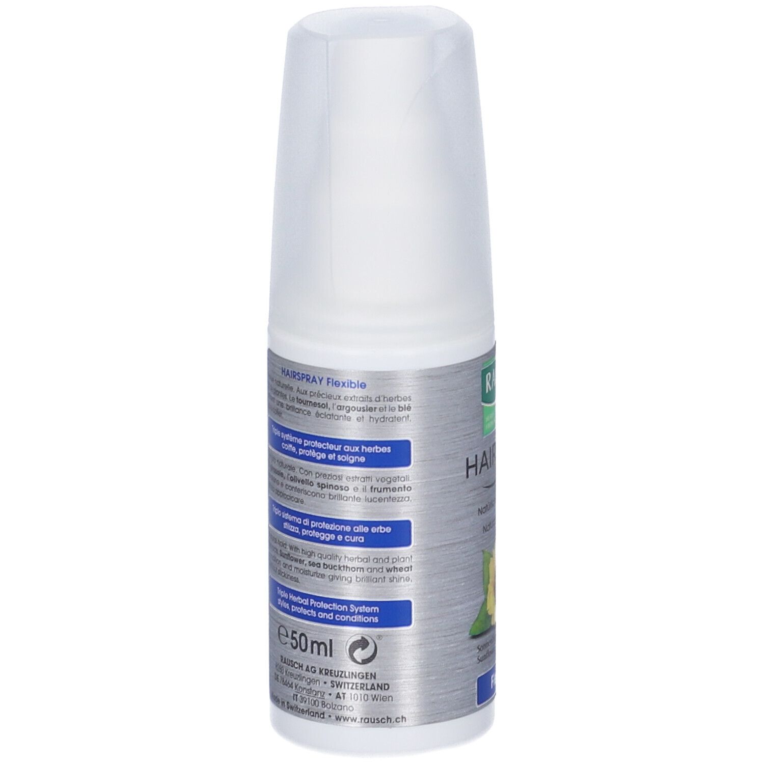 Retro del flacone di lacca. Testo multilingue. Scritta: 50ml. Marchio RAUSCH.