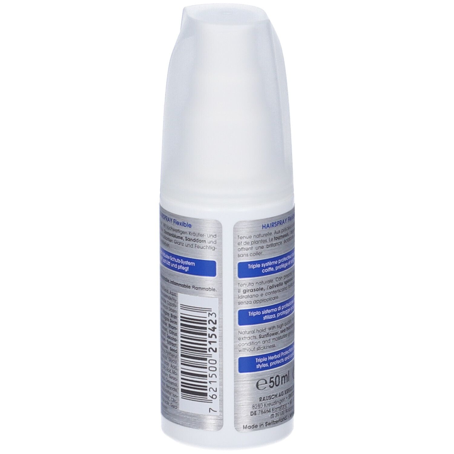 Retro del flacone di lacca. Testo multilingue. Scritta: 50ml. Marchio RAUSCH.
