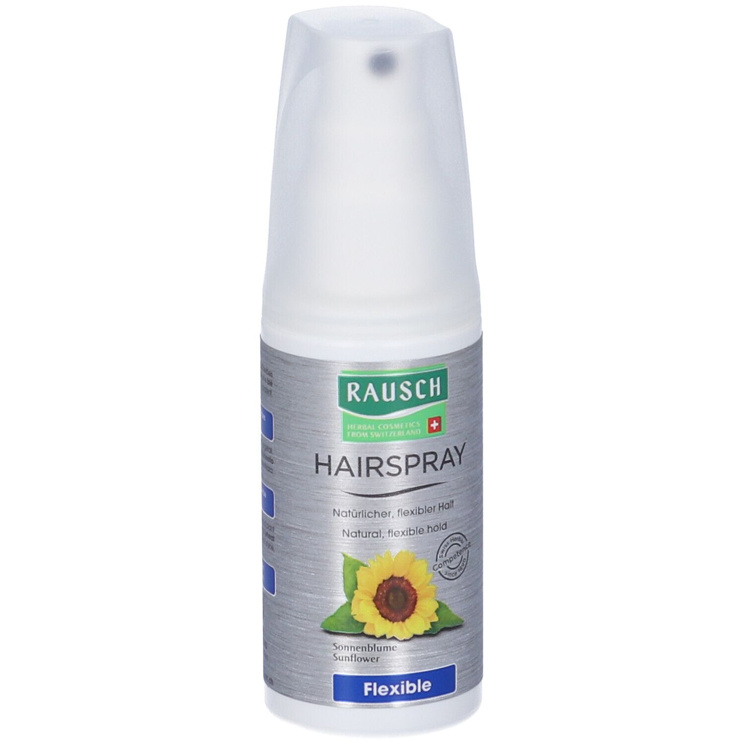 Flacone di lacca per capelli RAUSCH con erogatore spray. Scritta: Hairspray, Flexible. Immagine di un girasole.
