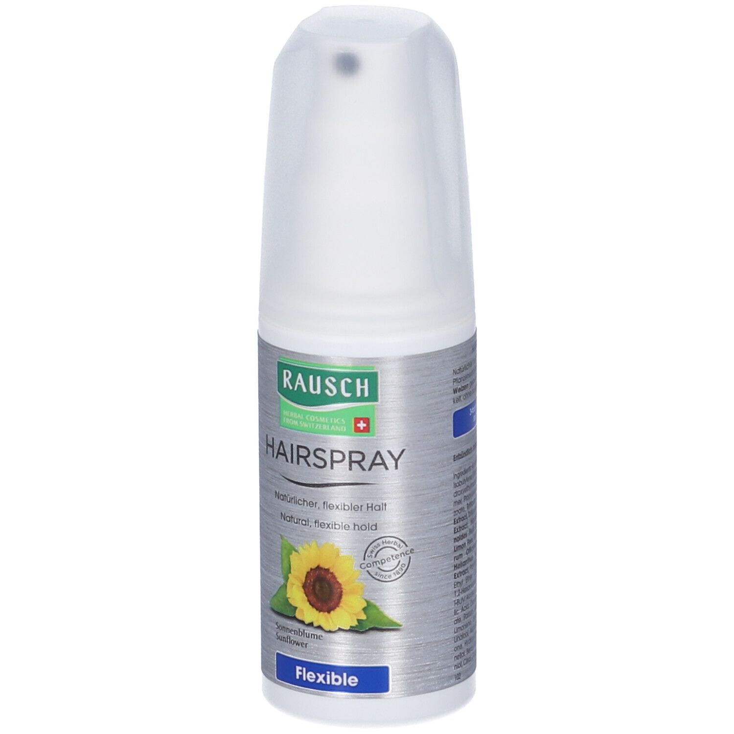 Flacone di lacca per capelli RAUSCH con erogatore spray. Scritta: Hairspray, Flexible. Immagine di un girasole.