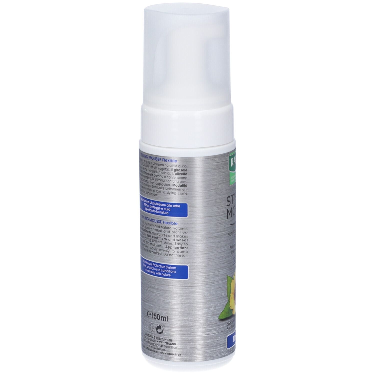 Flacone di mousse styling, retro con testo. Contiene informazioni sugli ingredienti e l'uso. 150ml.