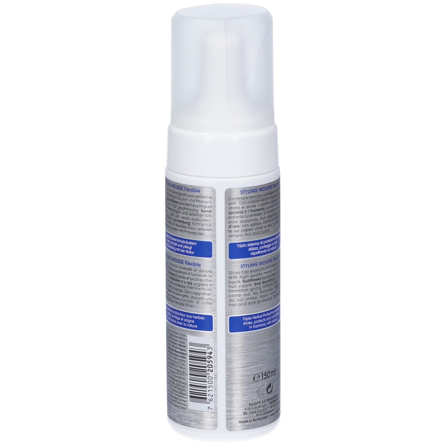 Flacone di mousse styling, retro con testo. Contiene informazioni sugli ingredienti e l'uso. 150ml.